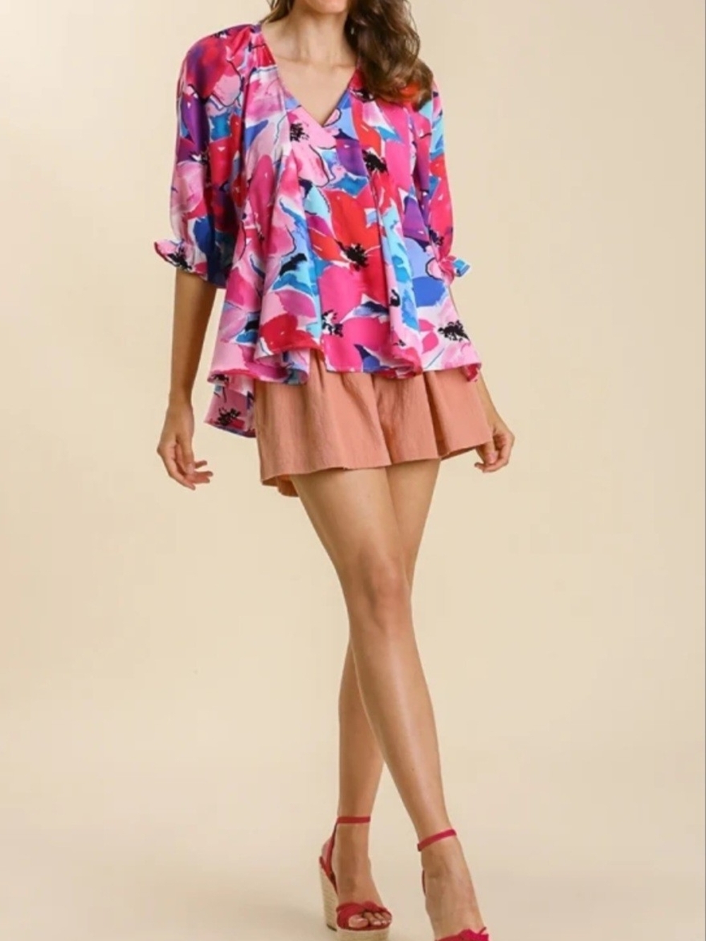 Umgee Pink Floral Print Lightweight Blouse